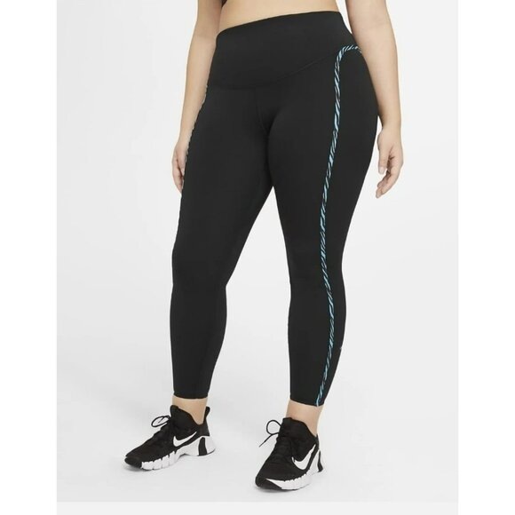 2X PLUS SIZE WOMEN'S NIKE ONE LUXE MID RISE BLACK BLUE DC5384-011 LEGGINGS PANTS - Picture 1 of 8